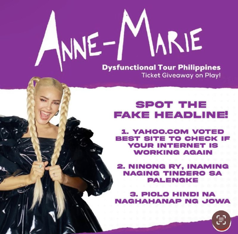 995PlayFM's tweet photo. 🚨 GIVEAWAY ALERT! 🚨

We're giving away 2 tickets to @AnneMarie's concert in Manila this Sunday! All you have to do is...

SPOT THE FAKE HEADLINE! Tweet us, @_jazreyes, and @_StanSy your answer along with your full name for a chance to win!

Good luck, besties! ✨ #FTIM https://t.co/ttFWti8DHj