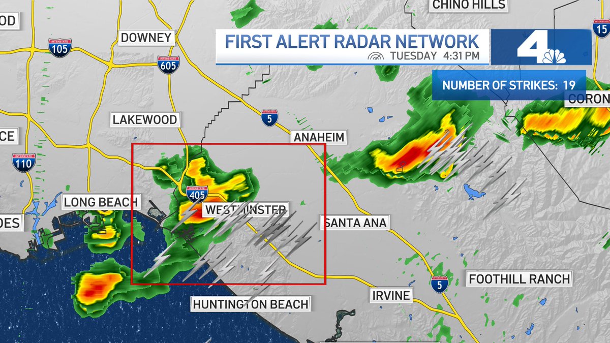 Melissa_Magee's tweet photo. HEADS UP...Brief, but locally strong storms moving through the region. If you're traveling on the 405 right now in Orange county...storms with 19 lightning strikes getting close to Westminster. @NBCLA #NBCLA #FallStorms https://t.co/pB4aOSjPl6