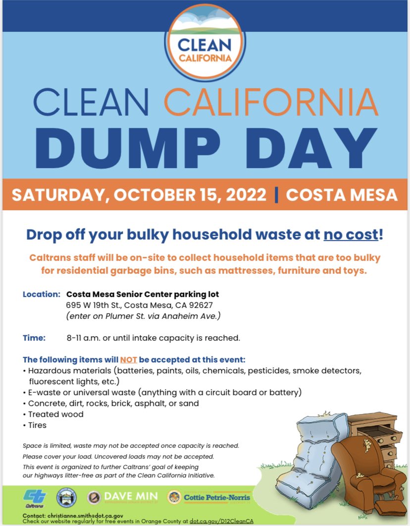 Got bulky household items you need to get rid of? You can drop them off at Costa Mesa Senior Center on Saturday, October 15 , from 8:00am to 11:00 am. Thank you for keeping California Clean! @CaltransOC @CityofCostaMesa @SenDaveMin