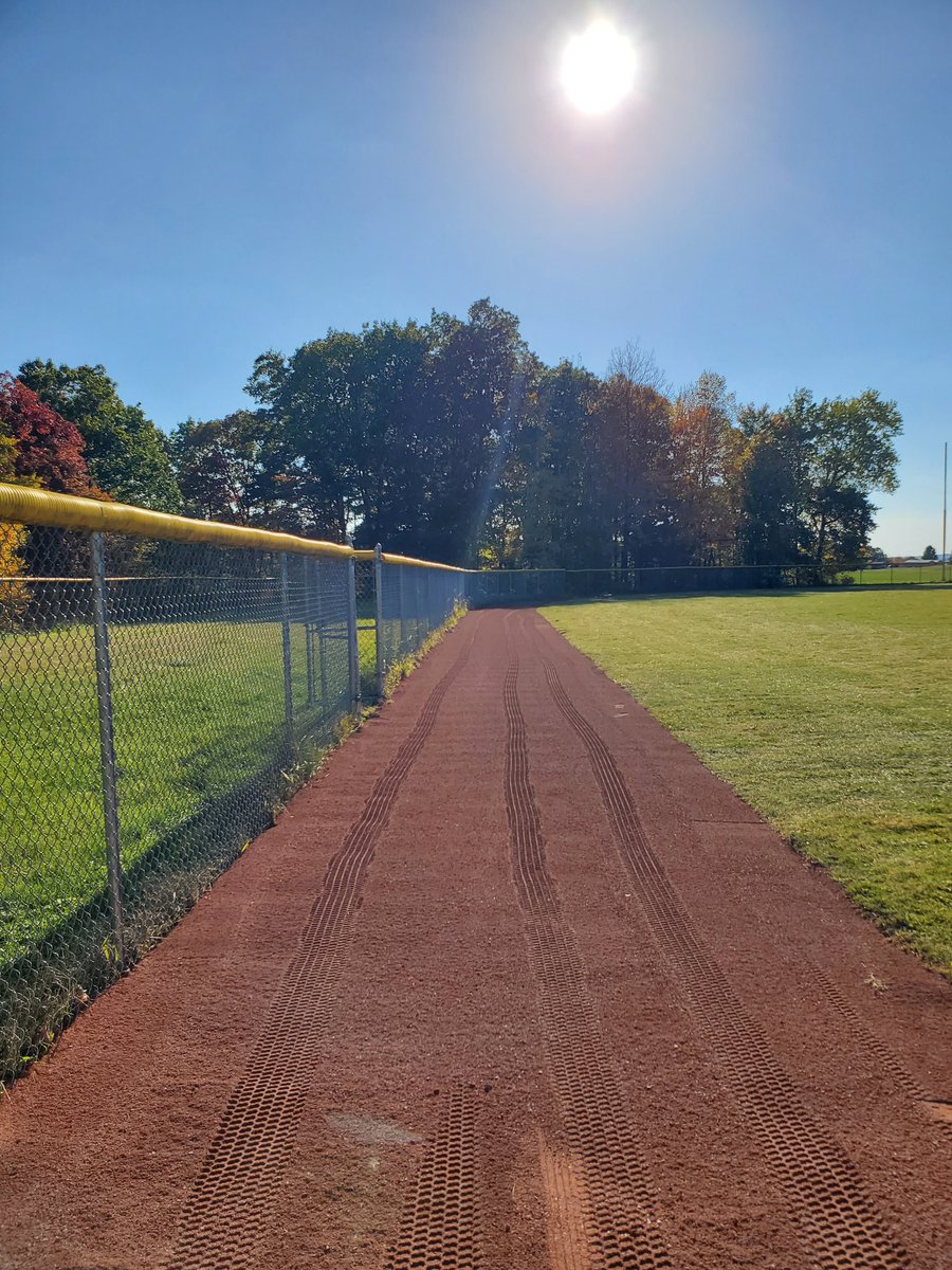 Homefield_'s tweet photo. The drainage is in and part of the warning track is graded in Oil City, PA.  We'll finish up the track and basepaths tomorrow.  Love that red @DuraEdge DuraTrax crushed brick. #warningtrack https://t.co/4Tg2VFy7lJ