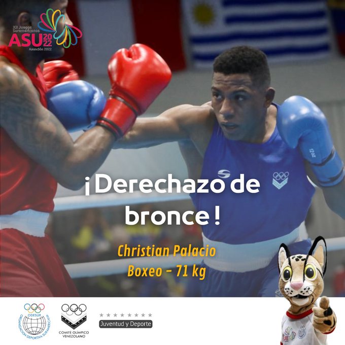 PLVenezuela's tweet photo. Los pugilistas de #Venezuela, se sumaron #hoy con sus derechazos a la fiesta deportiva de #ASU2022, en #Paraguay, para colarse así en el podium de premiaciones. #elsueñodetodos es #alcanzable. 🇻🇪🏆🥉🥉 #ODESUR2022 https://t.co/BMFtW0kDjt