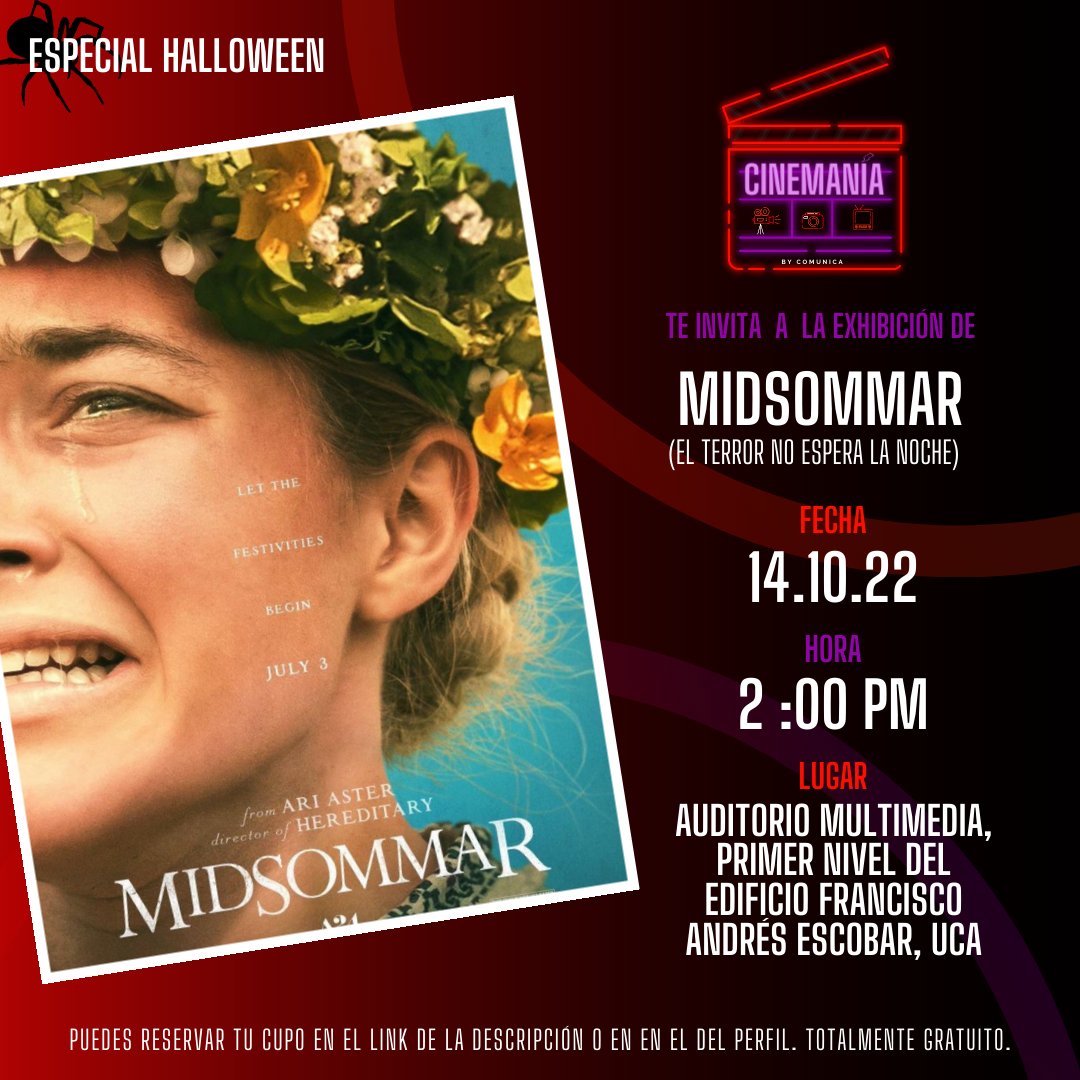 comunicasv_'s tweet photo. INICIAMOS NUESTRO ESPECIAL HALLOWEEN 👻
En esta ocasión estaremos exhibiendo “MIDSOMMAR” (2019)🎥🤩
Para asistir a la función solamente debes llenar el formulario a continuación.
https://t.co/BHhGTbGNnj... https://t.co/GNUlHBACVG