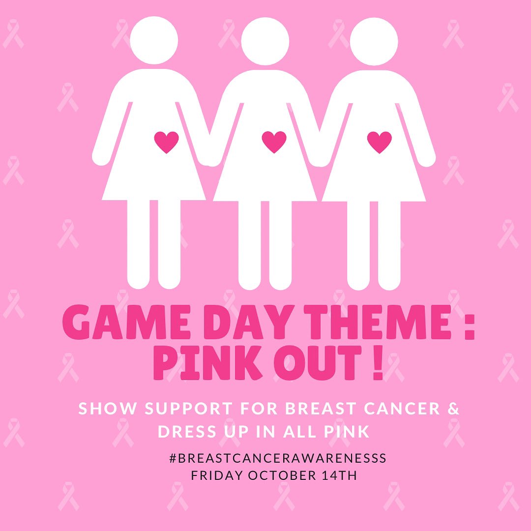 This week’s home game theme is PINK OUT 💖💖 Please come and Support Breast Cancer Awareness with your all pink attire on !