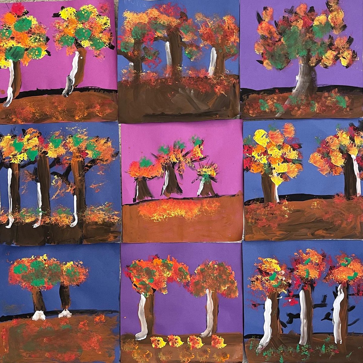 WSEArtRoom's tweet photo. First grade did such a great job painting fall trees! We looked at pictures of fall trees, talked about color families and texture and used sponges to paint the leaves. @BVWolfSprings #firstgradeart #FallForArt https://t.co/xBXWQIAQyr