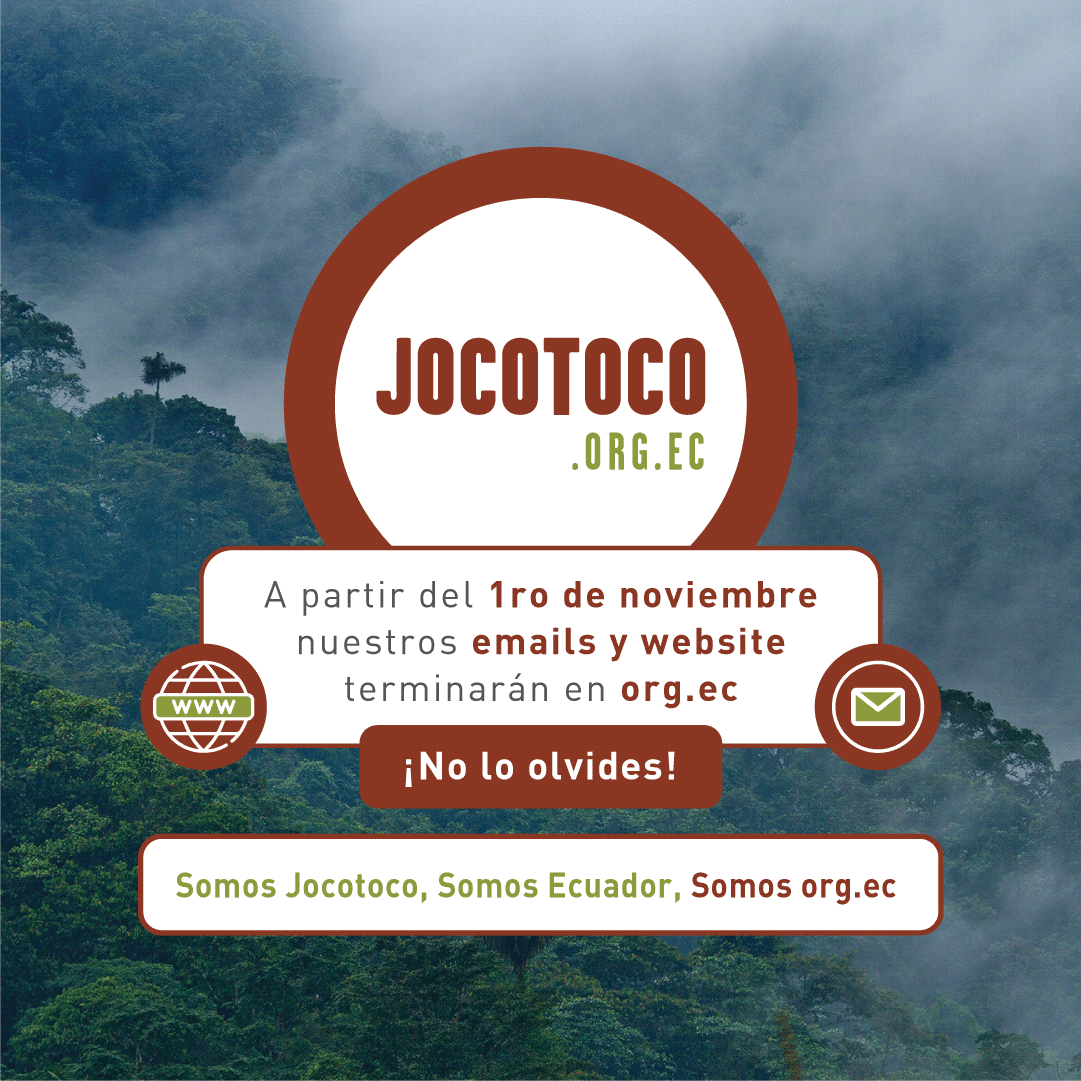 jocotoco_org's tweet photo. En #Jocotoco estamos orgullosos de ser una ONG ecuatoriana de #conservación. Por eso decidimos cambiar nuestra dirección web y nuestros emails para que terminen en https://t.co/rzvV8PJnlT.
¡Somos Jocotoco, somos Ecuador, somos https://t.co/rzvV8PJnlT! https://t.co/ifKoibToNN