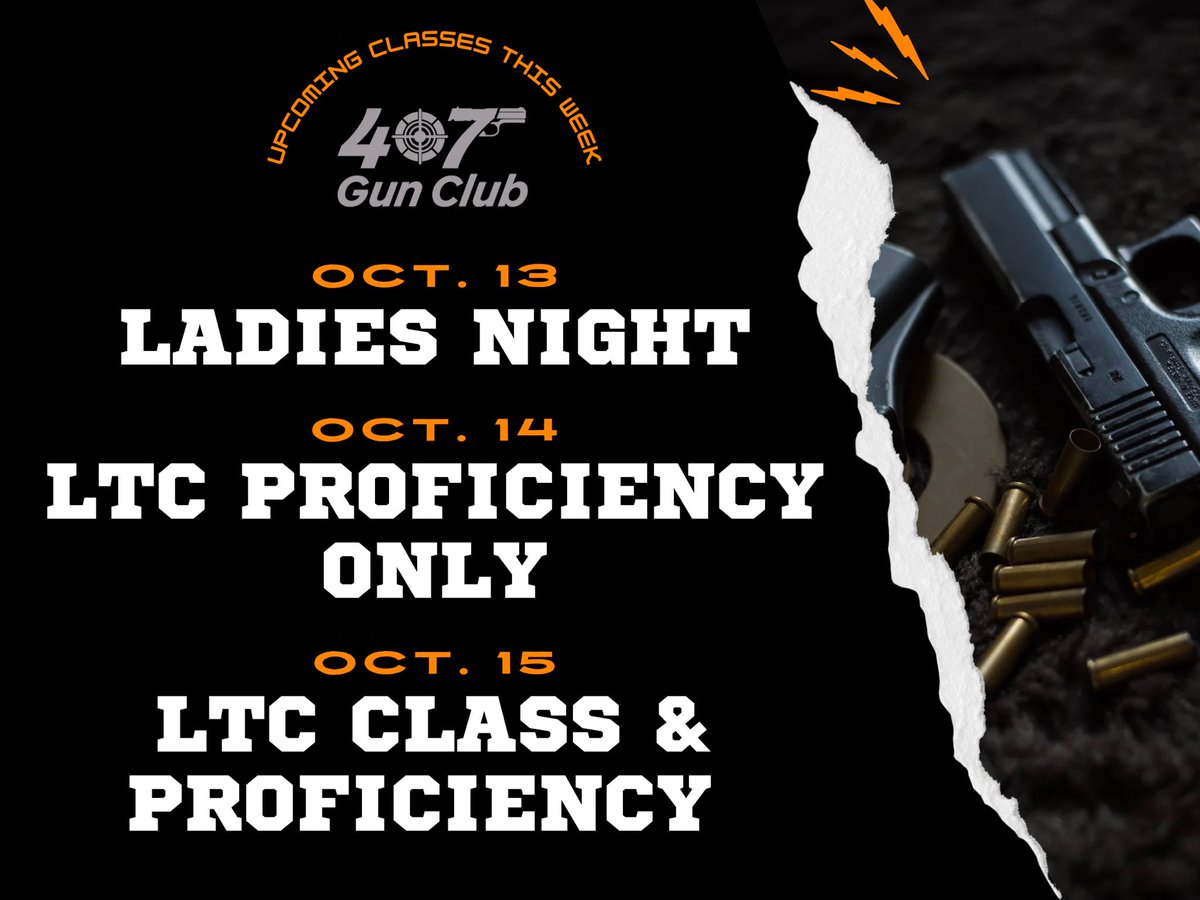 407GunClub's tweet photo. Visit our website (https://t.co/kne4mUNRfd - link also in bio) to sign up today! 

Ladies Night (10/13) will be from 5:00pm to 7:00pm

LTC Proficiency Only (10/14) will be from 6:00pm to 7:00pm

LTC Class and Proficiency (10/15) will be from 8:00am to 2:00pm https://t.co/0ID1MShRXn