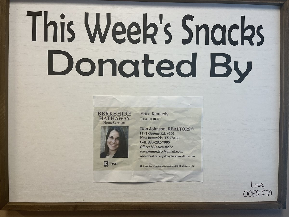 OakCreekElemen1's tweet photo. Thanks to this weekโs snack sponsor, Erica Kennedy, Realtor! Our staff was so appreciative! #OCESstrong #ComalISD #newbraunfelstx ๐พ๐ https://t.co/pTKTV2uRlR