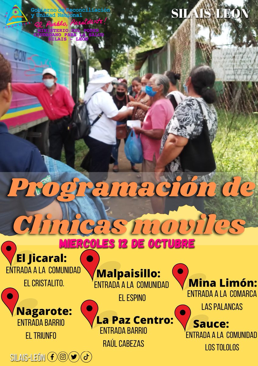 🗓 Miércoles 12 de Octubre 2022
Programación de clínicas móviles 🏥 en el Departamento de León, nuestro <a href="/Silais_Leon/">❤️🖤 Silais León 🦁🇳🇮✌️</a> garantizándo atención gratuita y de calidad a cada uno de los Leoneses ✌❤🖤
#2022PuebloVictorioso 
#UnidosEnVictorias 
<a href="/FloryCantoX/">Flor y Canto 🇳🇮</a> <a href="/FcoRosales78/">Francisco Rosales 🇳🇮</a>