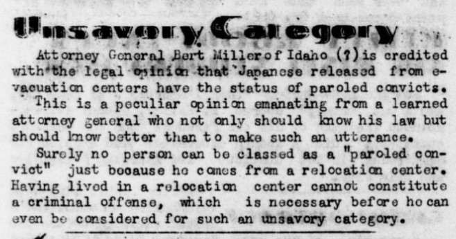 HeartMountainWY's tweet photo. Japanese American incarcerees released from the camps were granted the same status of paroled convicts, according to Idaho Attorney General Bert Miller. This editorial #OTD in the Amache paper said this was ridiculous. https://t.co/Nb4Cqs3Gmk