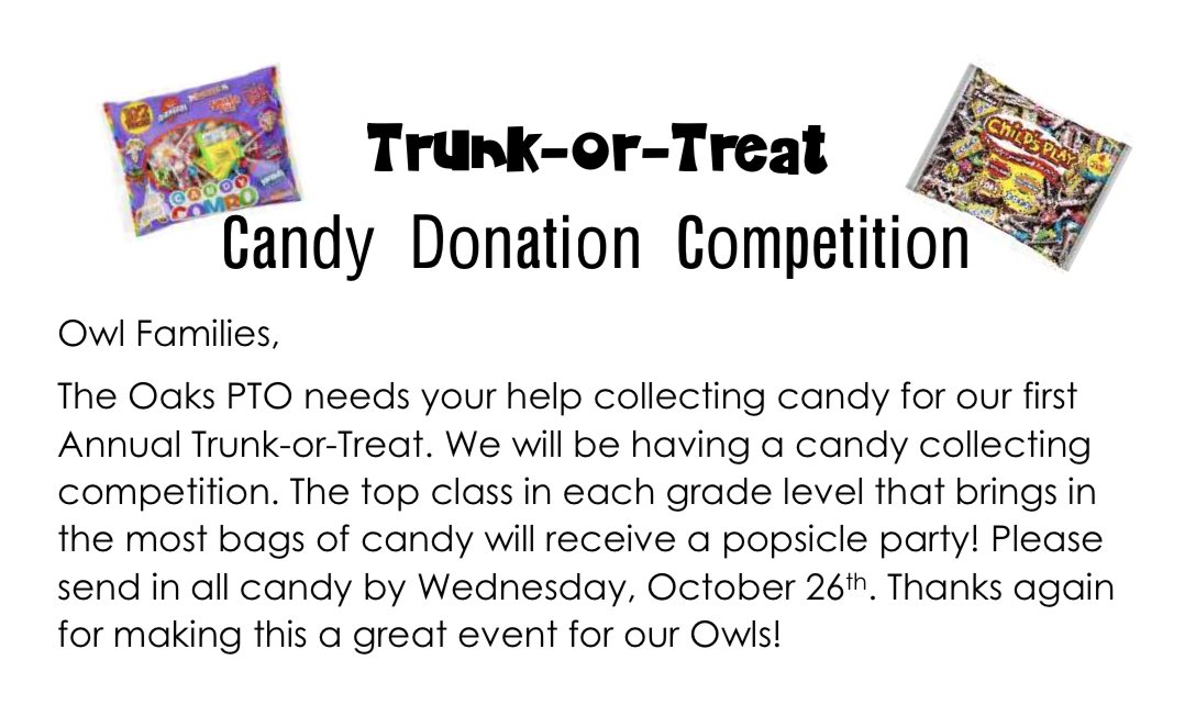 oaks_pto's tweet photo. Please like, share and donate! We need candy donations for our trunk-or-treat on Oct. 28th. @HumbleISD_OE @HISDParents https://t.co/SVSjwJHbVC