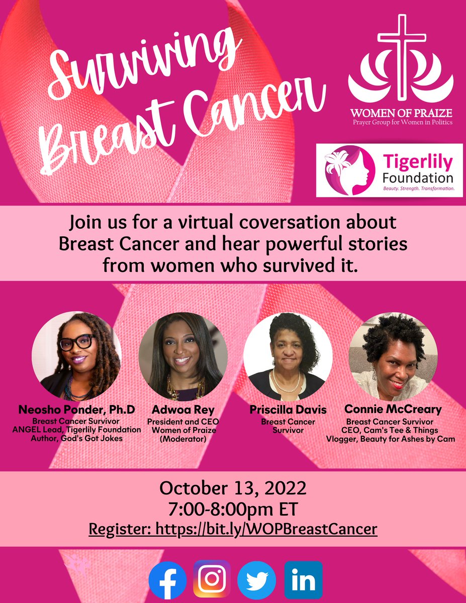 Join <a href="/womenofpraize/">womenofpraize</a> and Tigerlily Foundation October 13, 2022 from 7-8pm for a conversation about breast cancer and hear powerful stories from women who have survived it. Register through the link below! womenofpraize.com/2022/09/06/381…
