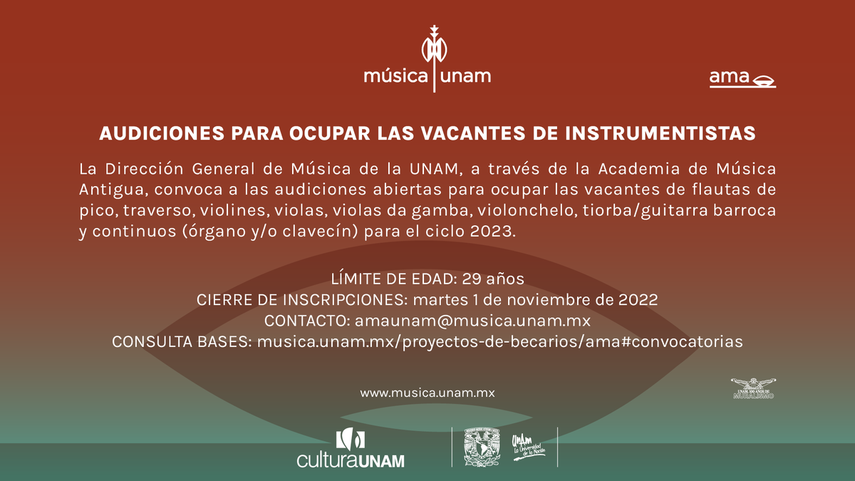 ¡Tenemos convocatoria abierta! Sé parte de la Academia de Música Antigua para el ciclo 2023 como instrumentista: flauta de pico, traverso, violines, violas, violas da gamba, violonchelo, tiorba/guitarra barroca y continuos (órgano y/o clavecín).
