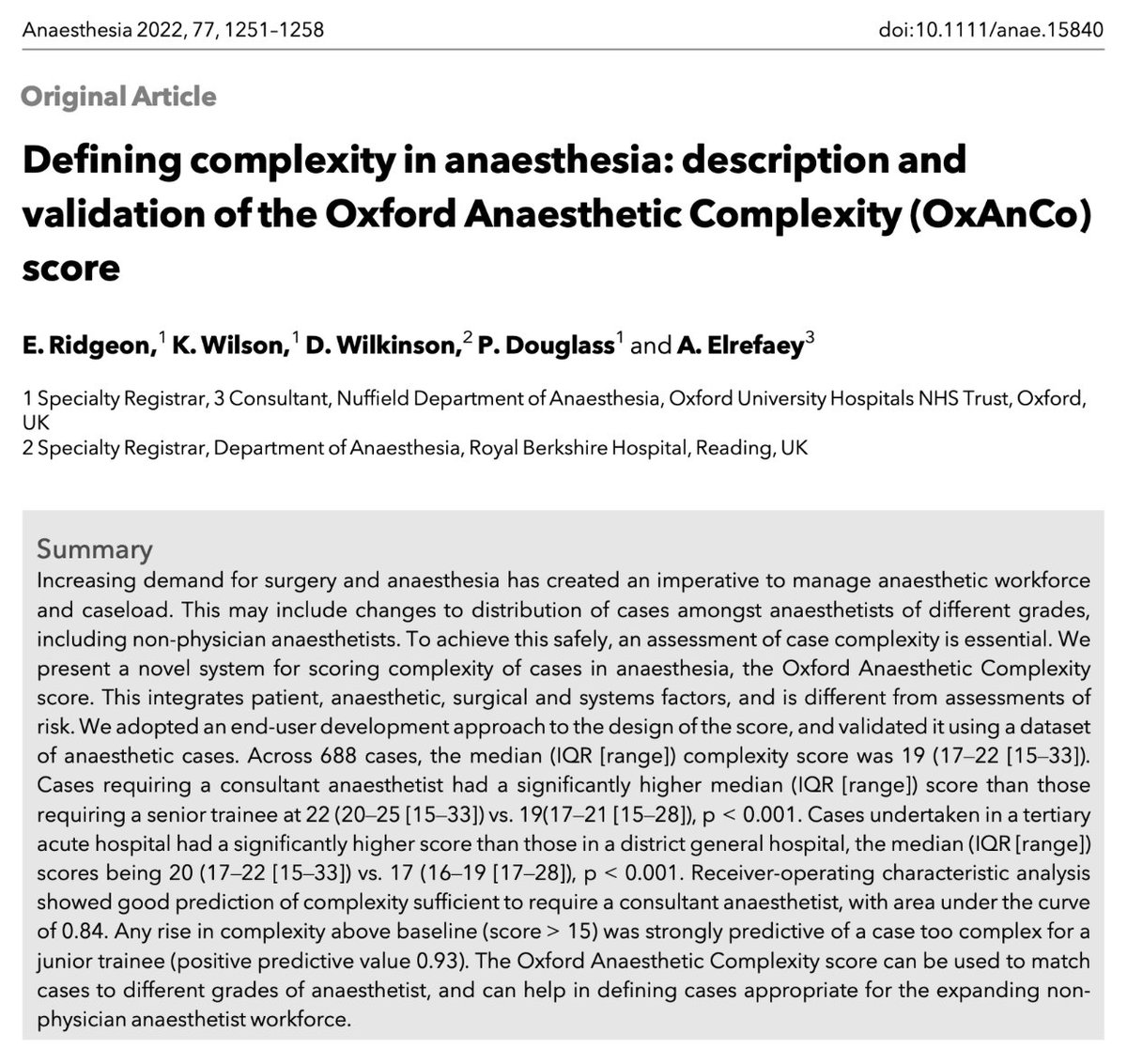🔐Defining complexity in anaesthesia: description and validation of the Oxford Anaesthetic Complexity (OxAnCo) score. This great new paper from @AhmedEl14305911 and colleagues is now #OpenAccess and #FreeForever!! 🔗…-publications.onlinelibrary.wiley.com/doi/10.1111/an…