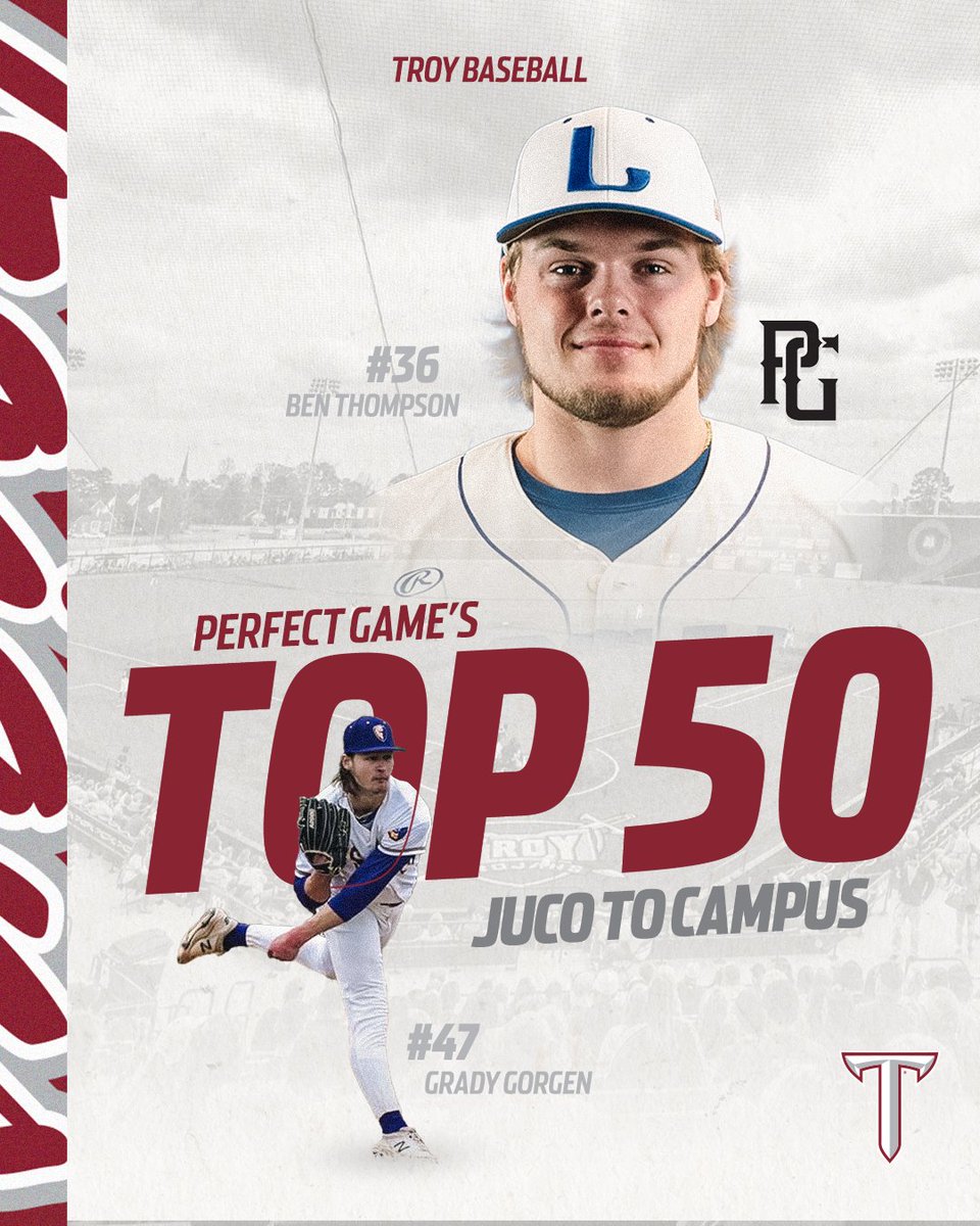 𝗝𝗨𝗖𝗢 𝗕𝗮𝗻𝗱𝗶𝘁𝘀 ➡️ 𝗧𝗿𝗼𝘆 𝗧𝗿𝗼𝗷𝗮𝗻𝘀

<a href="/PerfectGameUSA/">Perfect Game USA</a> has named <a href="/BackspinBenny/">Ben Thompson</a>  and <a href="/gradygorgen/">Grady Gorgen</a>  to their Top 50 JUCO to Campus. 

<a href="/McCoBaseball/">McHenry County Baseball</a>  x <a href="/LoganVolsBsbl/">Logan Vols Baseball</a>

📰: gotroy.us/3RSA5Iz

#BoysOfTroy 🛡| #OneTROY⚔️⚾️