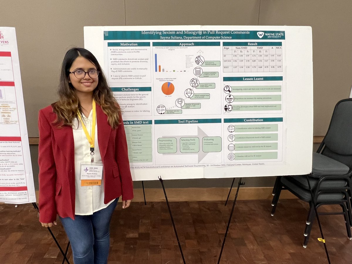 olgabaysal's tweet photo. @sultana_says demos a poster on automatically identifying sexism and misogyny in GitHub pull request comments @ASE_conf #ASE2022 https://t.co/BWz7T9wq0m