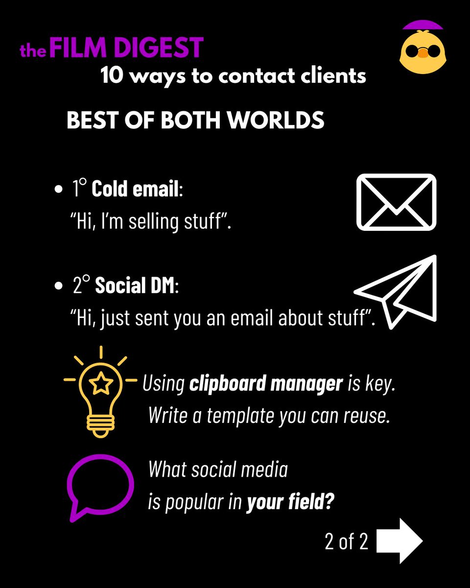TheFilmDigest's tweet photo. 2. DM ON SOCIAL MEDIA
10 Ways to Reach Clients

Messages are more personal but less efficient than emails.

Best of Both Worlds:
1° Cold email: “Hi, I’m selling stuff”.
2° Social DM: “Hi, just sent you an email about stuff”.

#10WaysToReachClients
#TheFilmDigest #TFD #Ectaymech https://t.co/K8GDswLNWK