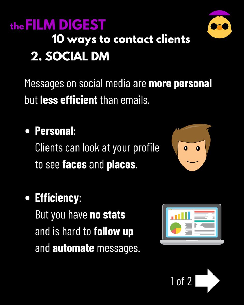 TheFilmDigest's tweet photo. 2. DM ON SOCIAL MEDIA
10 Ways to Reach Clients

Messages are more personal but less efficient than emails.

Best of Both Worlds:
1° Cold email: “Hi, I’m selling stuff”.
2° Social DM: “Hi, just sent you an email about stuff”.

#10WaysToReachClients
#TheFilmDigest #TFD #Ectaymech https://t.co/K8GDswLNWK