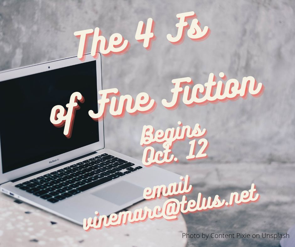 MarciaLaycock's tweet photo. It's on! The 4 Fs of Fine Fiction with award-winning author, Marcia Lee Laycock. Wed. Oct. 12th, 11:00 am MST. Here's the link - register now! https://t.co/djcYNPBC0G https://t.co/zngHmfveDz