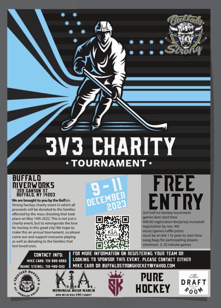 bufstronghockey's tweet photo. 🚨BREAKING🚨
The Buffalo Strong Hockey Tournament benefiting those affected by the May 14th Tops Shooting IS ON! The ICE tournament is Dec 9th-11th! Hosted by @RiverWorksBFLO @TheDraftRoomBUF &amp; sponsored by @PureHockey! Email BuffaloStrongHockey@yahoo.com to register! https://t.co/0G4alYMma2