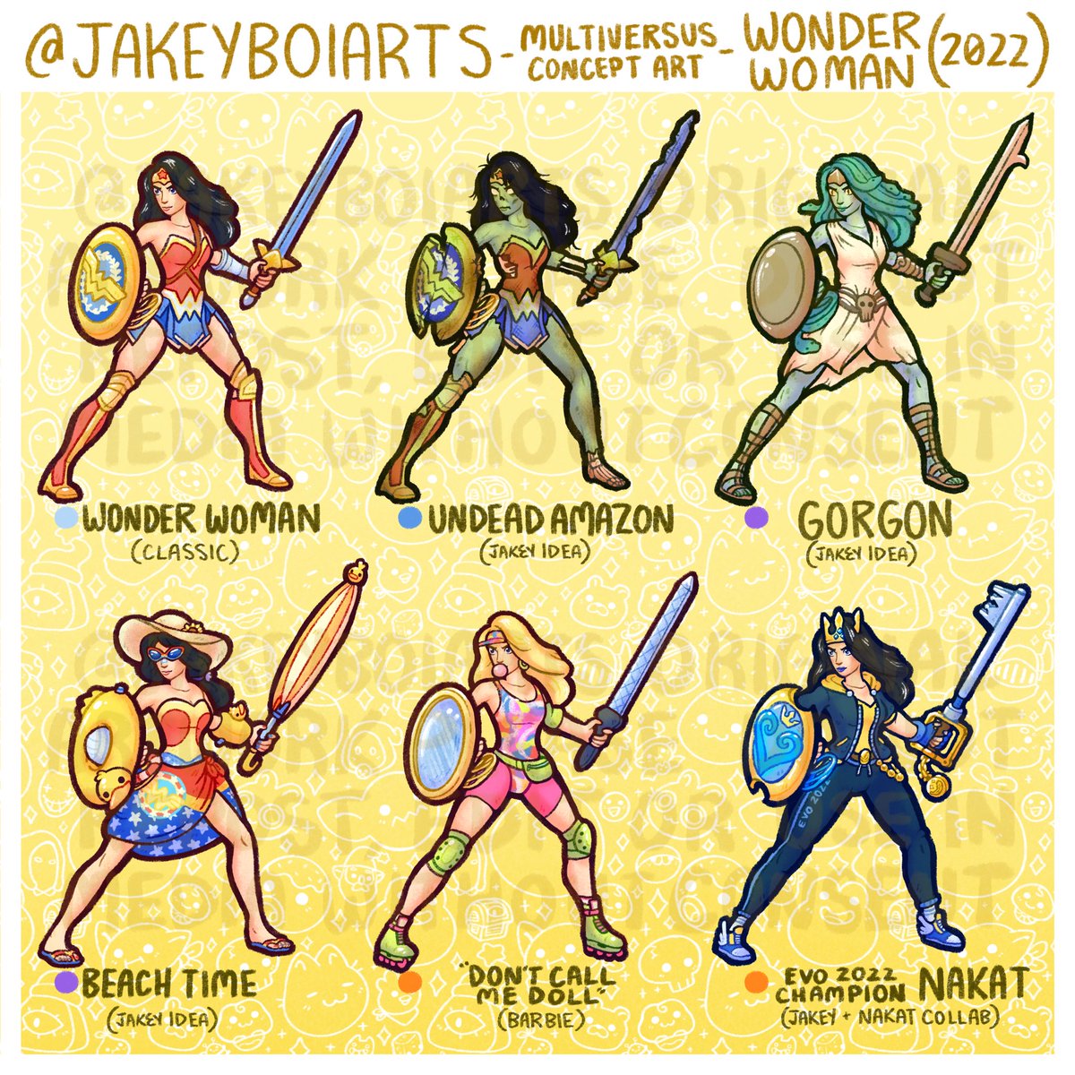 Wonder Woman Skin Ideas for <a href="/multiversus/">MultiVersus</a> - I felt inspired to make a Nakat skin for this set as one of the two champions of Evo AND the one whose videos taught me everything about playing Wonder Woman!
#MultiVersus