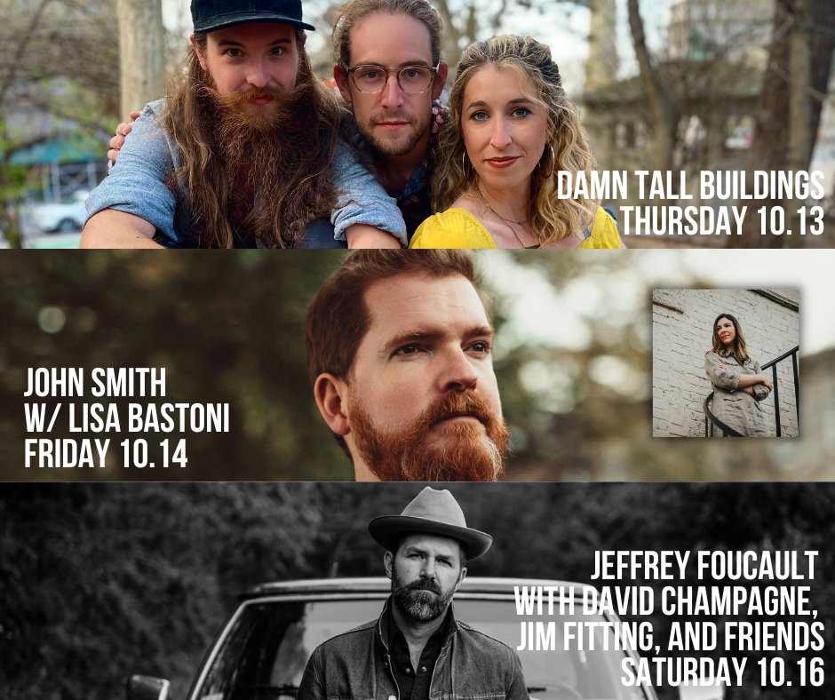 We're welcoming another week of great music for #10yearsoftheparlorroom ⚡️ Tickets available at signaturesoundspresents.com.
10/13 - Damn Tall Buildings
10/14 - <a href="/thejohnsmith/">John Smith</a> w/ @lisabastoni 
10/15 - Jeffrey Foucault w/ David Champagne, Jim Fitting, + Friends