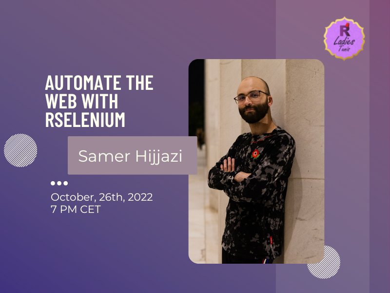 R-Ladies Tunis (@rladiestunis) on Twitter photo Don't forget to rsvp your slot for our next #meetups by <a href="/SamerHijjazi/">Samer Hijjazi 🇵🇸</a>
For more details click on the link :
meetup.com/rladies-tunis/…
#rladies #rladiestunis #RStats #selenium #automation Don't forget to rsvp your slot for our next #meetups by <a href="/SamerHijjazi/">Samer Hijjazi 🇵🇸</a>
For more details click on the link :
meetup.com/rladies-tunis/…
#rladies #rladiestunis #RStats #selenium #automation