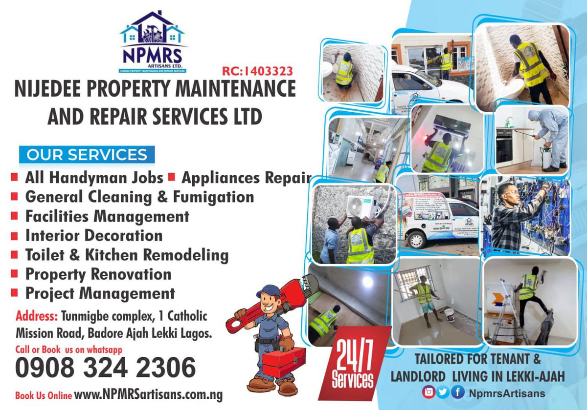 NIJEDEEproMaint's tweet photo. Do you need a plumber, painter, electrician or other professional artisan for your home or elsewhere? Call us. 0908 324 2306
#plumber
#painter
#electrician
#contractor
#badore
#roofer
#tiler
#handyman
#tradesmen
#carpenter
#lekki
#ajah
#professionalservice
#onestop https://t.co/bTGrgmS6MN