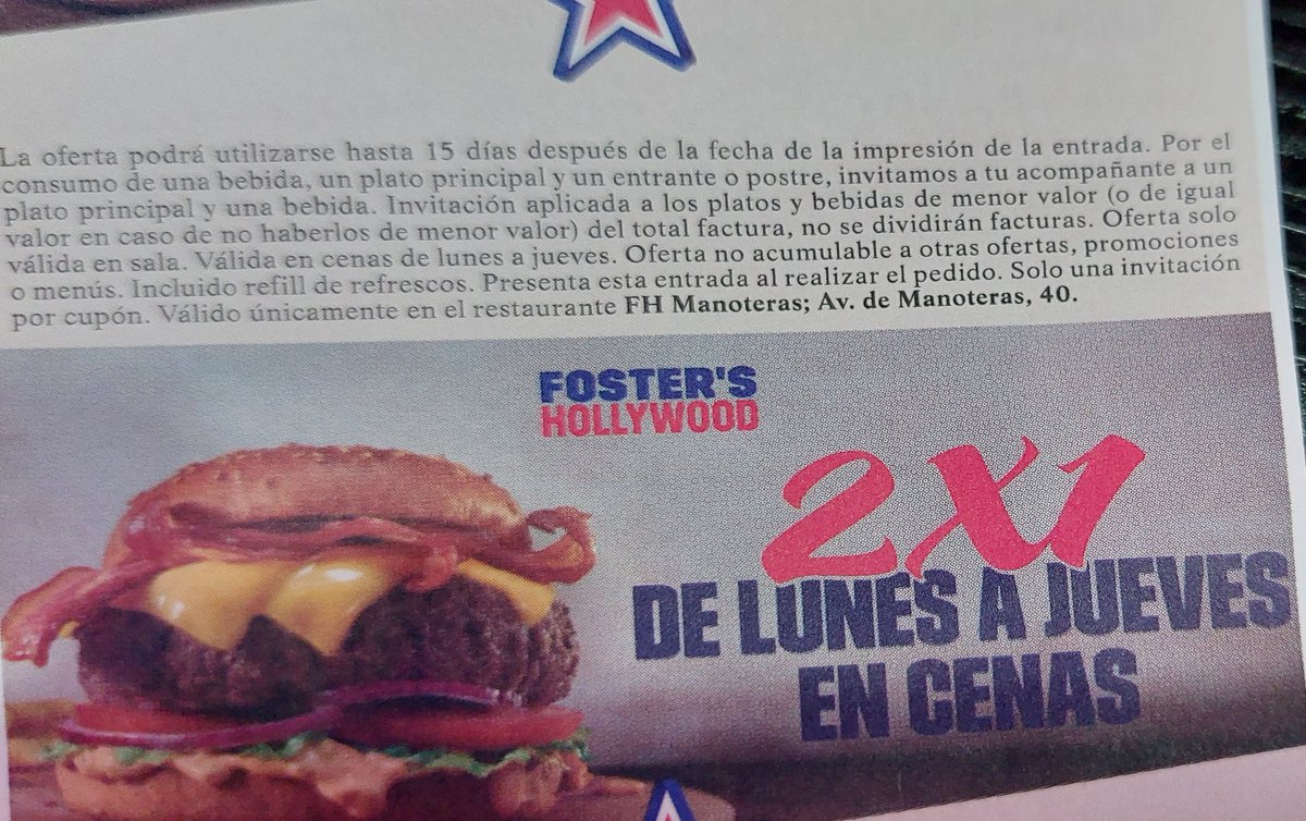 jj99211's tweet image. En el cine anuncian una oferta en @FosterHollywood. La parte posterior del ticket lo indica (de lunes a jueves), sin especificar excepciones. Hoy es martes pero me dicen que no aplican el descuento por ser víspera de festivo.
Reclamación al canto. Hay que respetar al consumidor.