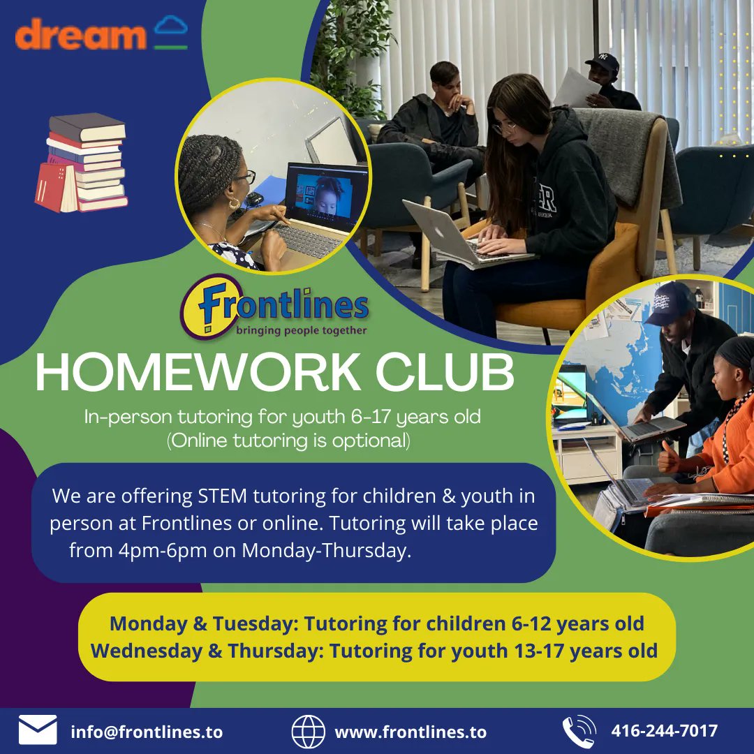 frontlinesto's tweet photo. Are you between the ages of 6-17? Are you looking for some homework tutoring? We have a program that addresses your needs. All you have to do is visit our website to register and you will be connected with one of our tutors😊@dreamdotca  
#torontohomeworkclub #torontoyouth https://t.co/1bDpvDMf9v