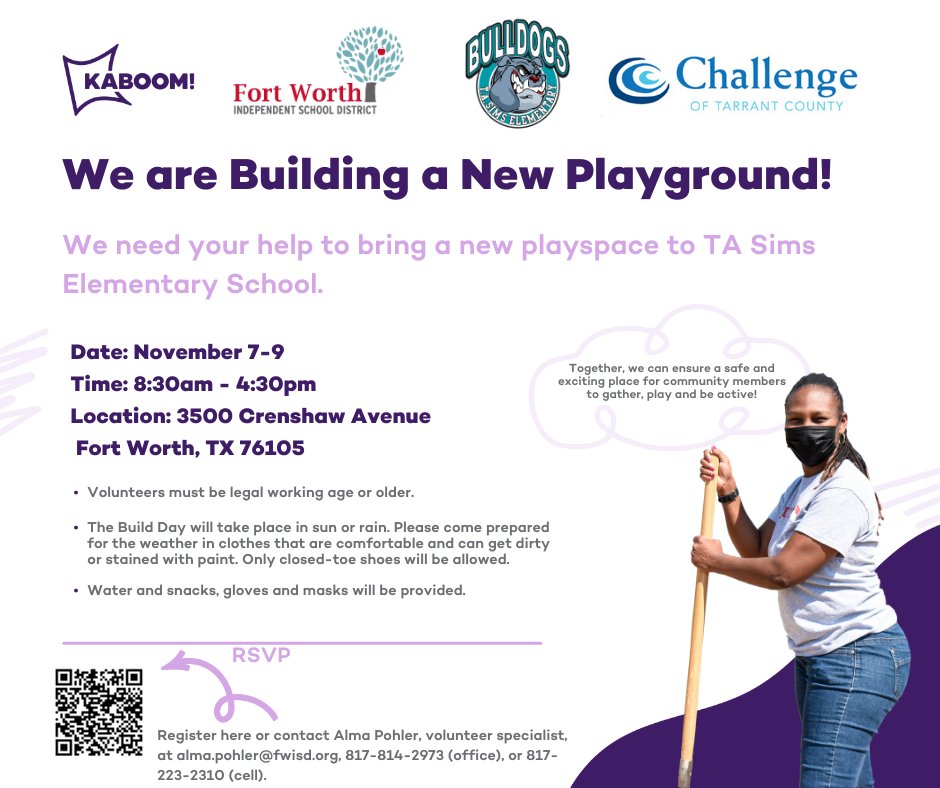 FortWorthISD's tweet photo. Help us build a new playground at TA Sims ES! Volunteer with FWISD November 7-9. See the flier for more details and follow the link below to sign up! https://t.co/6Ya0NJUCuB https://t.co/cJdSBUJLha