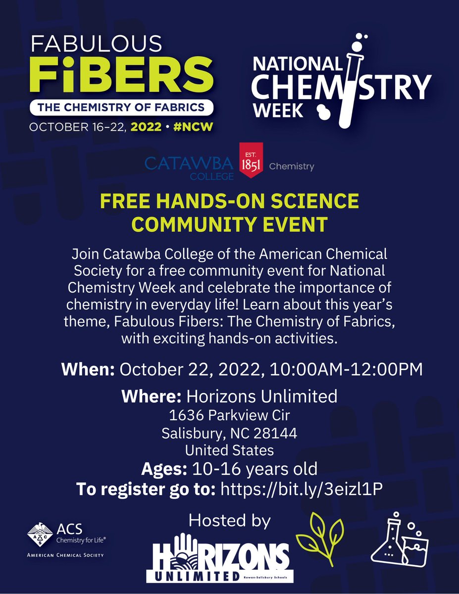 Join us for a morning packed with experiments to celebrate National Chemistry Week! This is a FREE event geared towards middle school aged children, all children between the age of 10-16 are welcome to join. Snacks will be provided. To register go to bit.ly/3eizl1P !