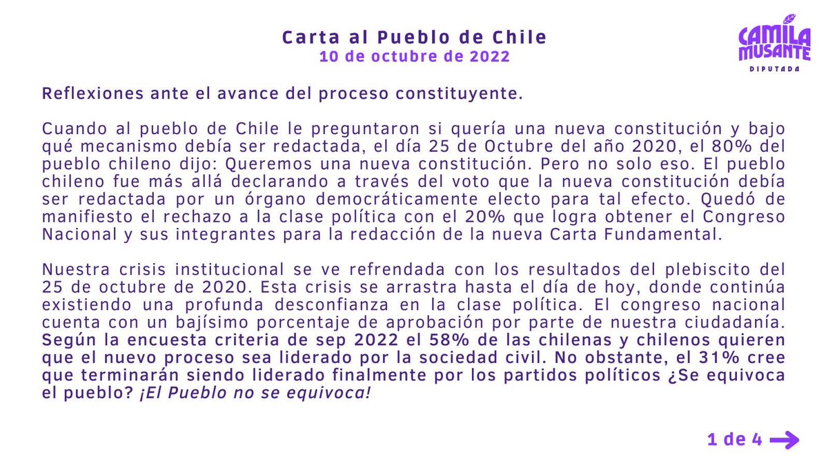 camila_musante's tweet photo. Les comparto algunas reflexiones sobre el avance de las negociaciones de un nuevo #ProcesoConstituyente para Chile

“(…) Será el pueblo de Chile, una vez más en su historia, el protagonista de los cambios que se merece” 🇨🇱 🔻 https://t.co/xBVtQtiSaw