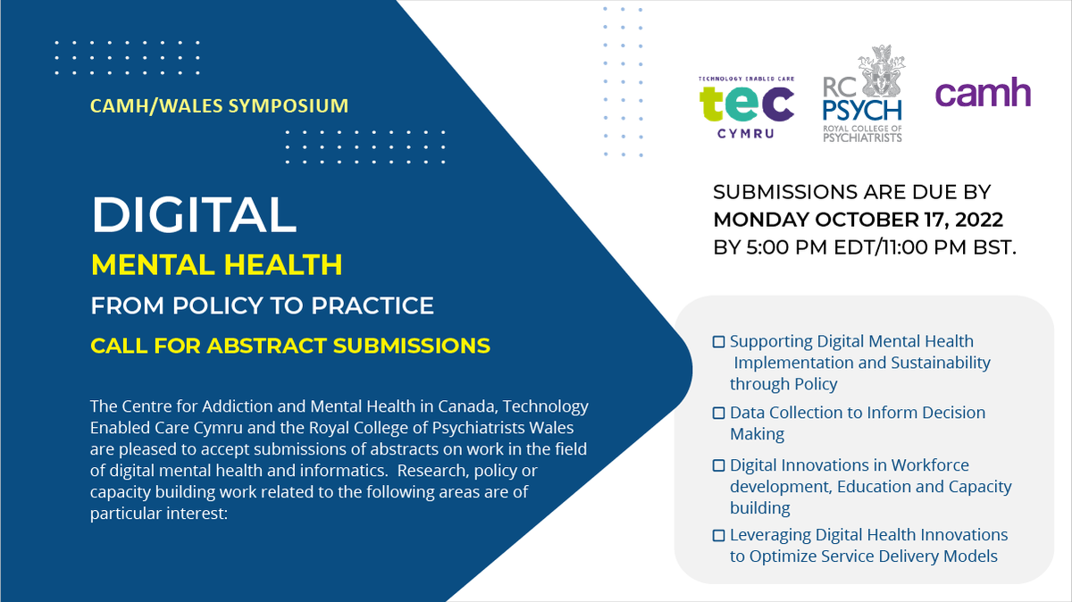 camhEdu's tweet photo. Work in the field of digital mental health and informatics?

Call for abstracts now open for Digital Mental Health: From policy to practice — a symposium co-hosted by 
@CAMHnews, @teccymru and @RCPsychWales on Nov 16.

https://t.co/VYPalhJcfd

Deadline Oct 17 https://t.co/Vt5apxoKFw