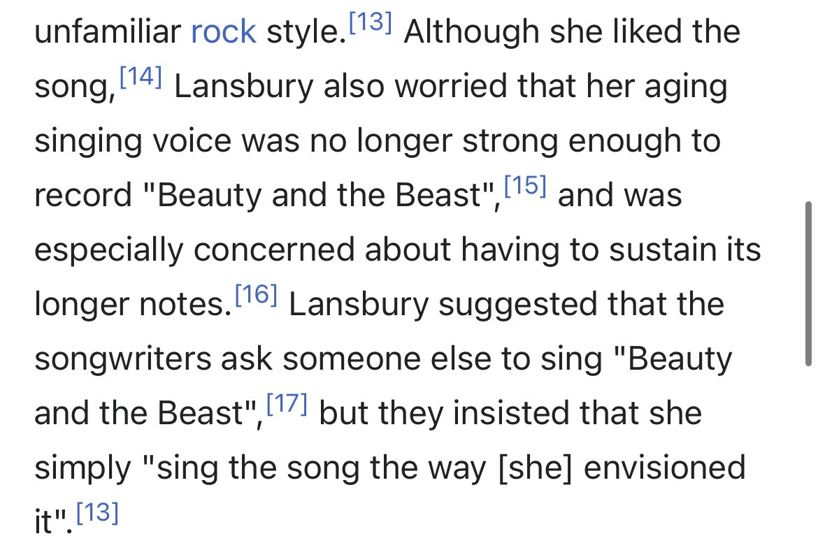sunnyright's tweet photo. Angela Lansbury thought she wasn’t strong enough to sing “Beauty and the Beast” but sang a demo version in one take just in case. 

That one take is the one in the film. https://t.co/rbo2SUEH2Z