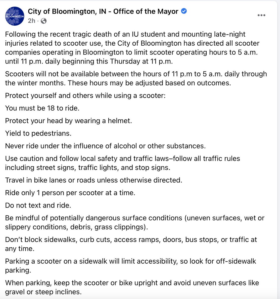Pflax1's tweet photo. Here is the official statement from @citybloomington 

To recap, a DUI speeding hit-and-run driver, who veered onto the sidewalk and a bike lane, killed a completely innocent student. AND THE CITY REACTED BY LIMITING SCOOTER USE. 

Hard to victim blame more egregiously than this https://t.co/wAkJGLyUvN