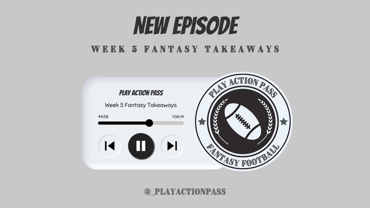 playactionpass ๐ (@_playactionpass) on Twitter photo ๐จ NEW EPISODE! Week 5 review. Listen as <a href="/FF_LightsOut7/">Antonio Carnevale</a> & <a href="/Teambests10/">Roberto Cervi</a> run through their fantasy takeaways from week 5, with waiver advice sprinkled in.
+ Rob vs the Steelers continues ๐
Link below ๐ ๐จ NEW EPISODE! Week 5 review. Listen as <a href="/FF_LightsOut7/">Antonio Carnevale</a> & <a href="/Teambests10/">Roberto Cervi</a> run through their fantasy takeaways from week 5, with waiver advice sprinkled in.
+ Rob vs the Steelers continues ๐
Link below ๐