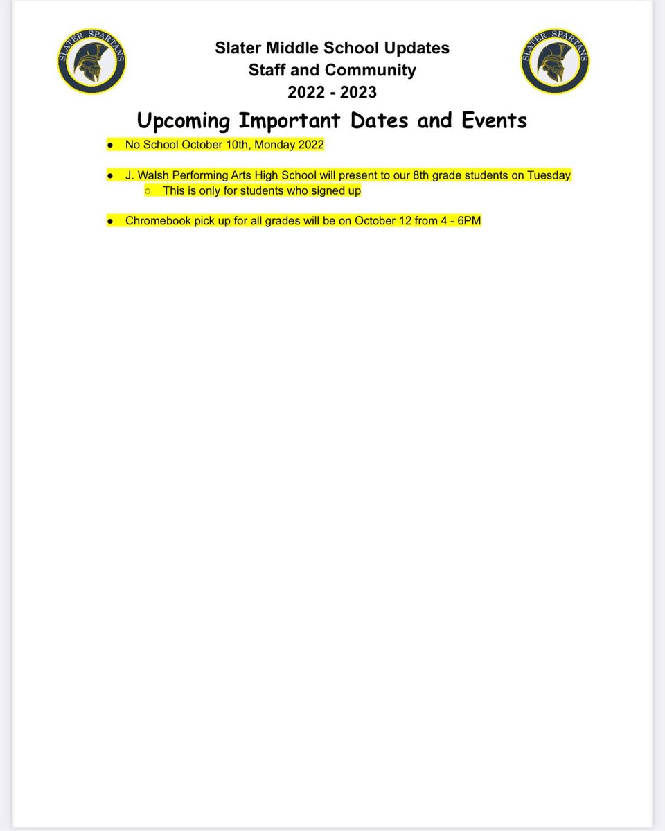 💥📣 incoming: Week of 10/10 updates! Chromebook pickup for all grades tomorrow &amp; picture day coming soon!