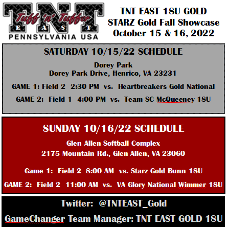 TNTEAST_GOLD's tweet photo. Psyched to put out this weekend's schedule for the STARZ Gold Fall Showcase! Check it out:
🧨🥎 https://t.co/FjA5Cq7UXw