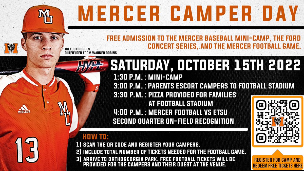 Mercer Camper Day is this Saturday, October 15! Register now to take part in the mini-camp and get free admission to the Mercer football game at 4 p.m. Register here: bit.ly/3g3slGc #WinnersWin | #RoarTogether