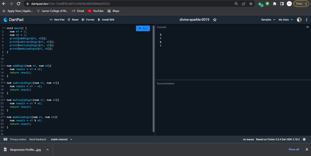 TobyDesignX's tweet photo. #gdsc #30Dol
Day 2
I Created different calculation functions using Dart
#SSAGDSC30DaysChallenge
#DeveloperStudentClubs
#GDSCLAUTECH https://t.co/ZLTVY0DTmS