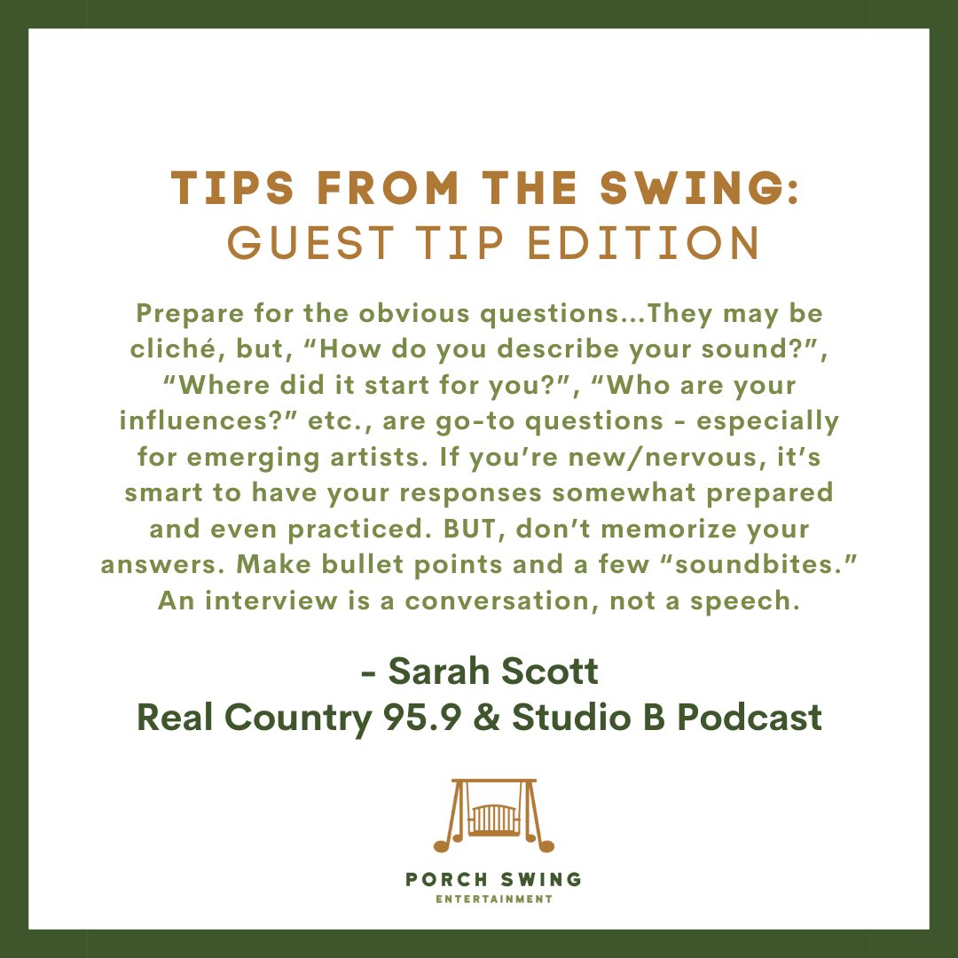 porchswingent's tweet photo. “An interview is a conversation, not a speech”. Another great #guesttip from @sarahscott . #tipsfromtheswing #musicbusinesstips #tiptuesday https://t.co/KQ9IaIGShF