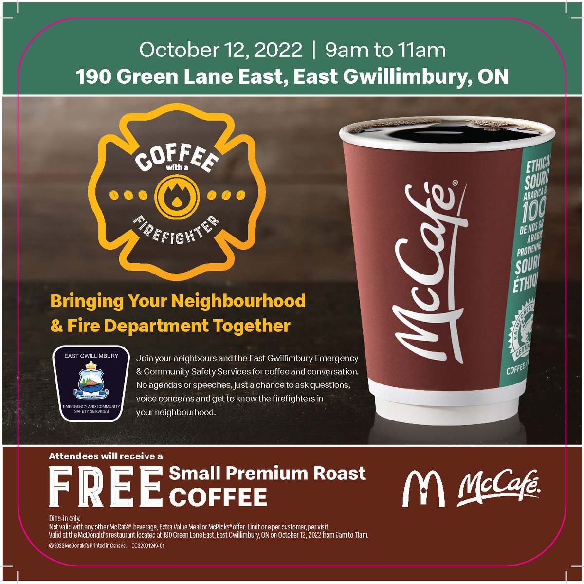 townofeg's tweet photo. It's #FirePreventionWeek22! Join the Emergency and Community Safety Services team for a coffee and chat to learn more about fire safety and prevention. Visit the McDonald's located at 190 Green Lane E on Wednesday, October 12 from 9 to 11 a.m. to chat 🔥 🚒 https://t.co/2KNM7Wx8Ku