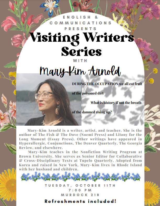 MCLAEnglComm's tweet photo. Tonight is the night! See you at Visiting Writer Mary-Kim Arnold's reading, 7pm in Murdock 218. Come for the incendiary, illuminating, and awesome poetry, stay for the snacks :) https://t.co/Way3Os8WI4
