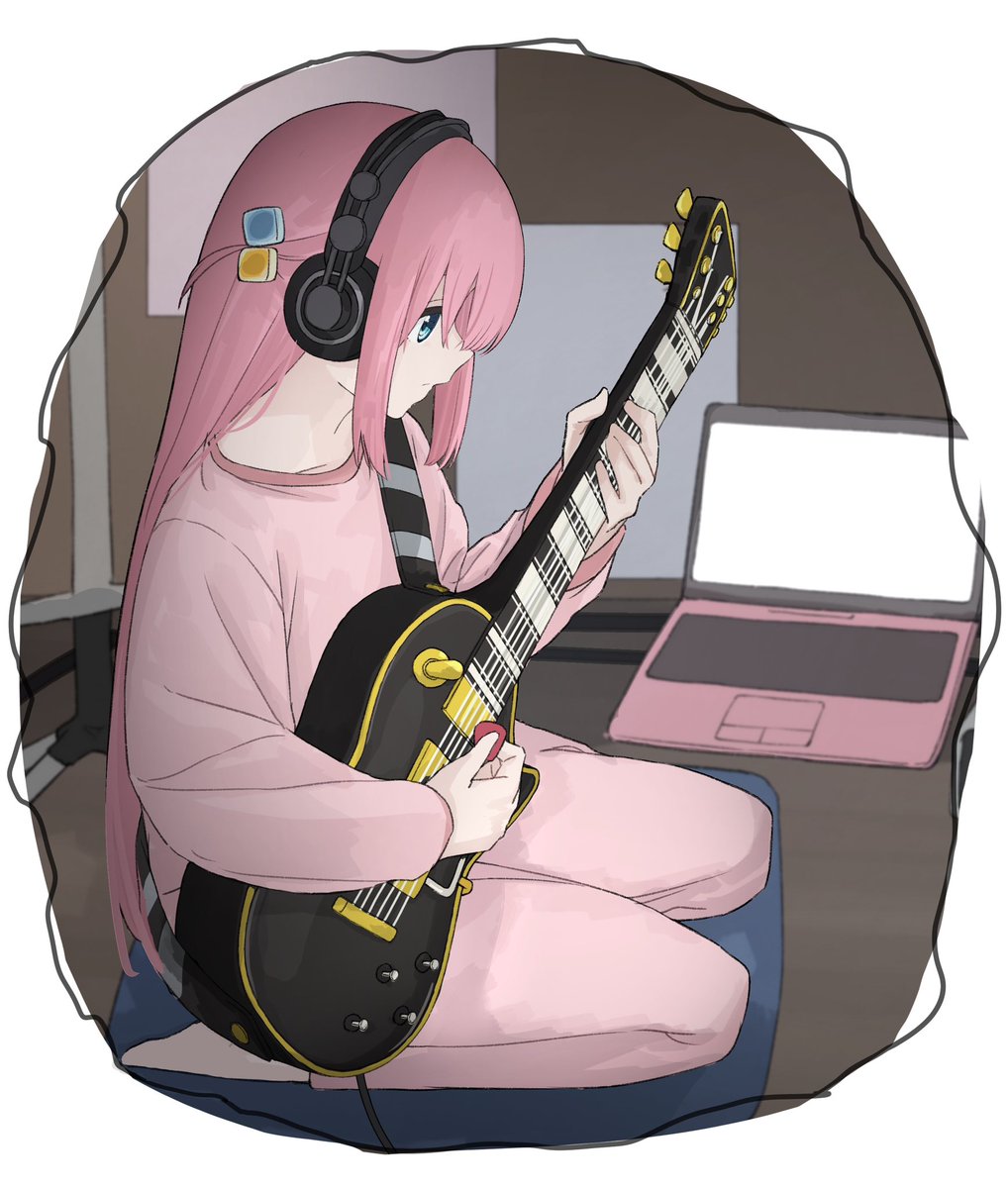 gotou hitori 1girl instrument pink hair guitar solo long hair cube hair ornament  illustration images
