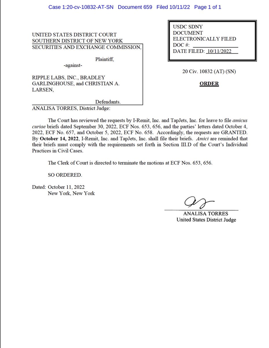 #XRPCommunity #SECGov v. #Ripple #XRP Judge Torres, over the SEC’s objection, grants I-Remit’s and TapJets’ requests to file amicus briefs in support of Ripple.