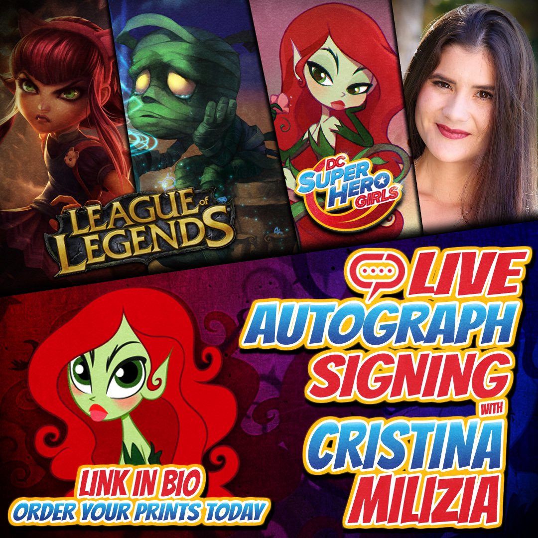 MiliziaCristina's tweet photo. I will be doing a LIVE autograph signing! Check out https://t.co/HkDmBAxFwE to grab your prints and I will sign them! 💚#CristinaMilizia #annieleagueoflegends #DCSuperherogirls #LeagueofLegends #casagrandes #amumu #poisonivy #celebrityautographsigning #virtualsigning #QandA https://t.co/utsF093fFE
