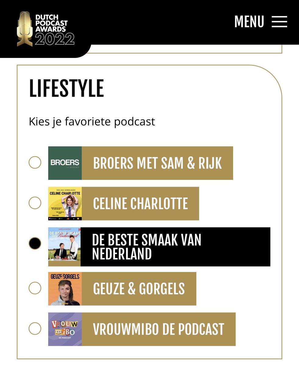 Yes! <a href="/Jan_Versteegh/">Jan Versteegh</a> en ik zijn genomineerd voor de Dutch Podcast Awards met De Beste Smaak van Nederland. Stemmen doe je hier: podcastawards.nl/stem#lifestyle Je hoeft niet alle categorieën in te vullen hoor… alleen onze podcast even aanklikken 🤗