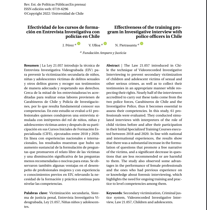 REPP_UChile's tweet photo. [NUEVO ARTÍCULO] #postprint
Pérez, J., Ulloa, V., &amp; Pietrasanta, N. (2022). Efectividad de los cursos de formación en Entrevista Investigativa con policías en Chile.
https://t.co/bGu9fe1SBE https://t.co/X4Gdie355c