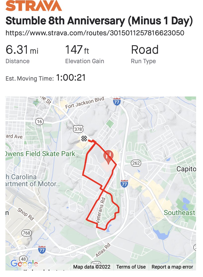 Jonathan Vaught (@copyhacker) on Twitter photo <a href="/F3Columbia/">F3 Columbia</a> It's almost the 8th anniversary of <a href="/F3Stumble/">F3 Stumble</a>! To help you prepare, YHC has an appropriate route for you tomorrow. SYITG.
strava.com/routes/3015011… <a href="/F3Columbia/">F3 Columbia</a> It's almost the 8th anniversary of <a href="/F3Stumble/">F3 Stumble</a>! To help you prepare, YHC has an appropriate route for you tomorrow. SYITG.
strava.com/routes/3015011…