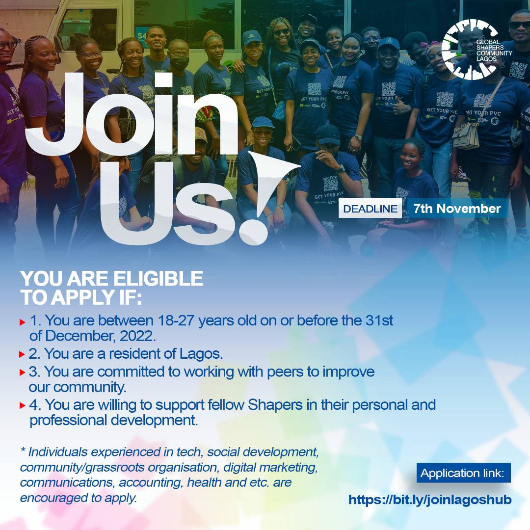 LagosShapers's tweet photo. Do you want to join @LagosShapers?

Are you a change maker between the age of 18 - 27 committed to driving dialogue, action and change in your community? 

We're recruiting committed and passionate individuals to join our Hub.

To apply, Visit ➡️ https://t.co/qQDwck6Lbc https://t.co/hifQt3FaI1